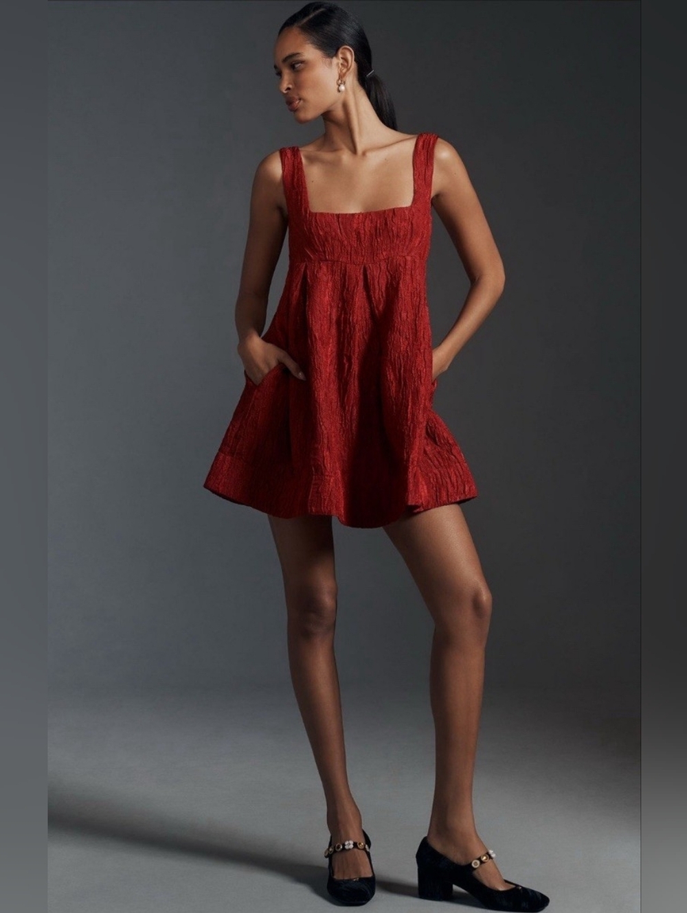 Maeve Anthropologie Textured Square-Neck Mini Dress in Deep Red Bubble Xl Nwt